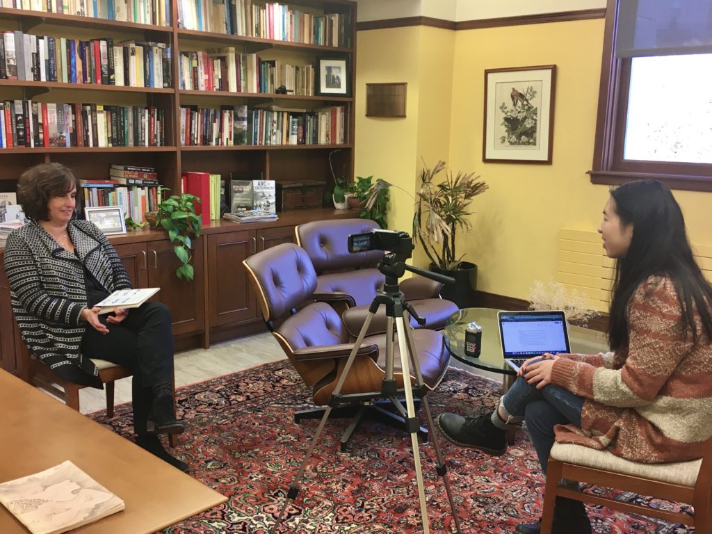 Photo of publicity editor Tara Wu interviewing Helicon co-founder Lisa Getter