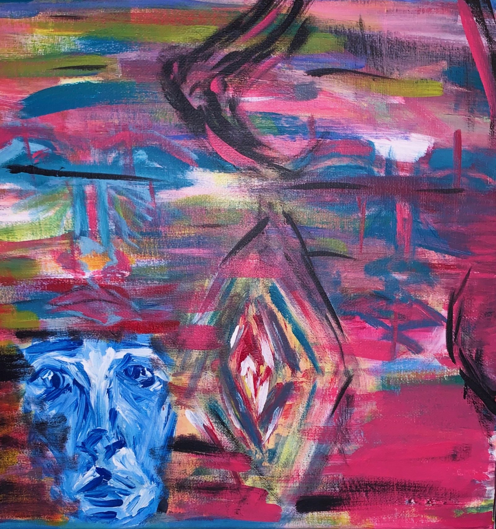 Vibrant pink, blue, green paint strokes. A blue long face appears in the bottom left corner, and two outlines of faces are subtly embeded in the right and left sides of the painting.